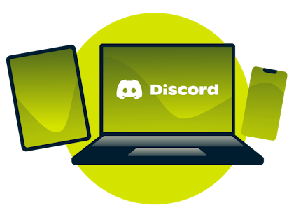 Um laptop, tablet e telefone com o logotipo do Discord.