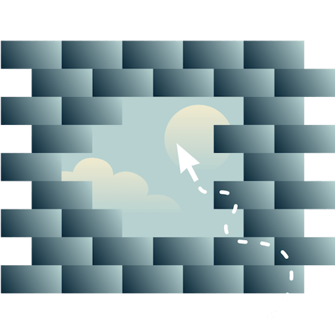 En åpning i en murvegg som viser en himmel med sol og skyer, med en pil som går mot åpningen.