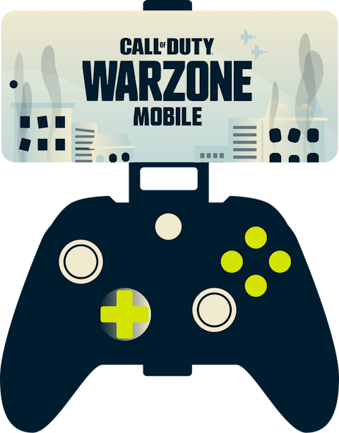 A smartphone game with Call of Duty: Warzone Mobile and a controller accessory.