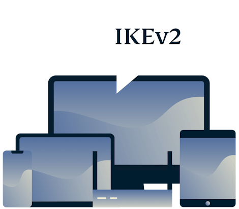 Devices with ExpressVPN and an IKEv2 protocol speech bubble.