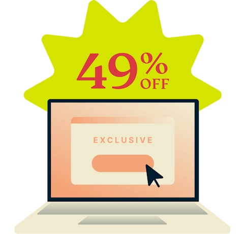 Laptop showing 49% off exclusive discount.