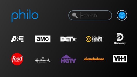 TV screen with Philo channel selection UI.