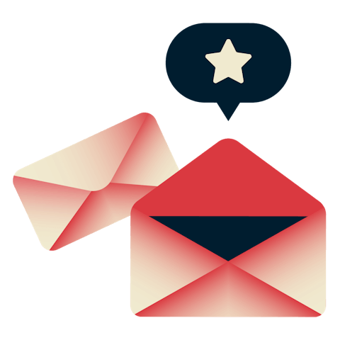 Briefumschläge im Fluffernutter-Style (Kundendienst) mit einer Sprechblase und einem Stern darauf.