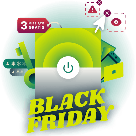 Interfejs ExpressVPN połączony z różnymi wizualizacjami dotyczącymi bezpieczeństwa i zakupów w ramach promocji na Black Friday.