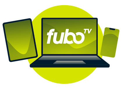 Kannettava tietokone, tabletti ja puhelin, joissa on fuboTV-logo.