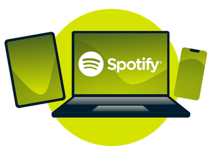 Kannettava tietokone, tabletti ja puhelin, joissa on Spotify-logo.