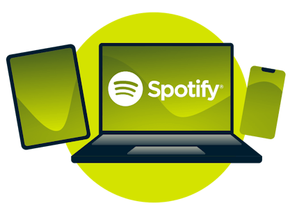 Un portatile, un tablet e un telefono, con il logo di Spotify.