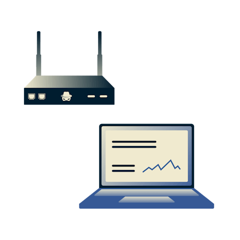 En router med et kranie med kryds og tværs, der stjæler data fra en bærbar computer via Wi-Fi.