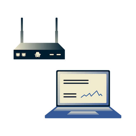 En router med skalle og armhuler stjeler data fra en bærbar computer via Wi-Fi.