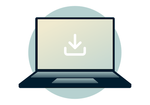 Linux laptop with a download icon on the screen.
