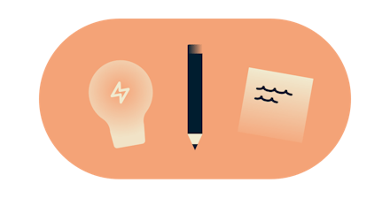 Icon illustrating innovation and problem solving via lightbulb, pencil, and paper.