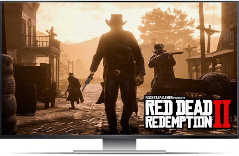 Spille Red Dead Redemption 2 på en TV.