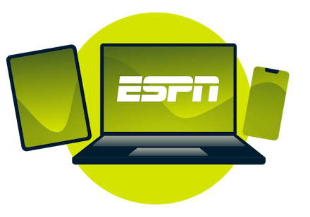 Una laptop, una tablet y un teléfono con el logotipo de ESPN.