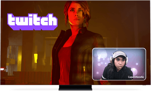 Twitch logo, game, and streamer on screen.