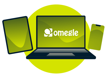 Omegleのロゴが入ったノートパソコン、タブレット、携帯電話。