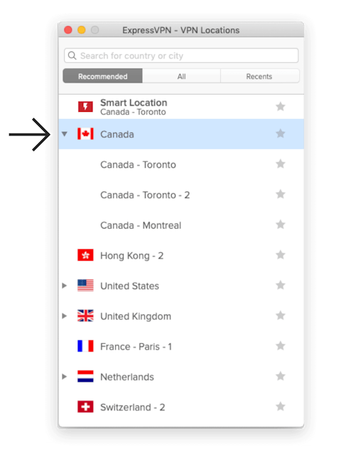 Elija una ubicación de servidor de Canadá en la aplicación ExpressVPN.