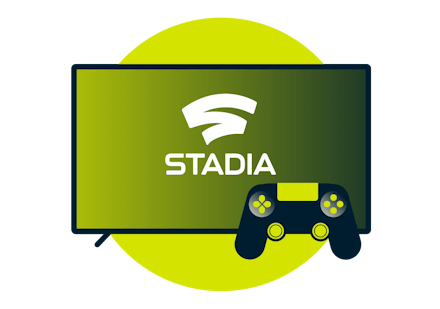 Screen and a controller showing the Google Stadia logo.