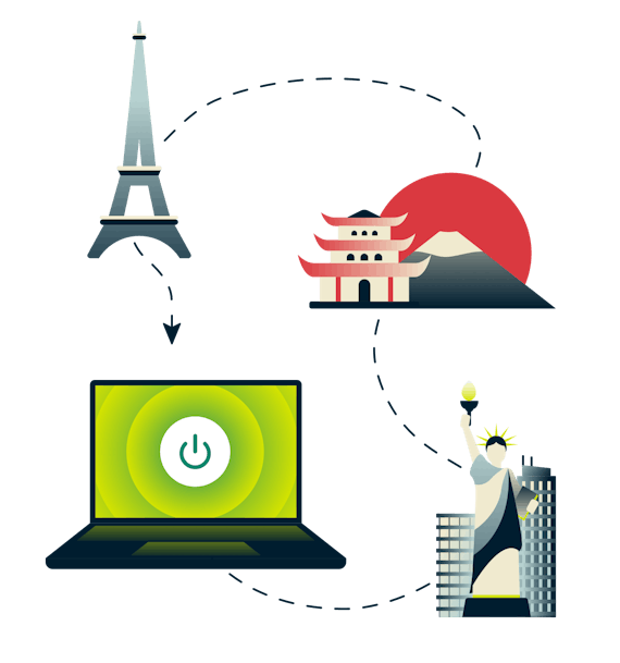 Torre Eiffel, Monte Fuji, Estátua da Liberdade, e um computador conectado à VPN.