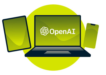 Kannettava tietokone, tabletti, puhelin ja OpenAI:n logo.