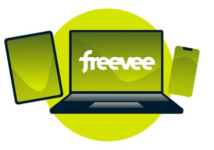 Laptop, tablet, and phone with Freevee logo.