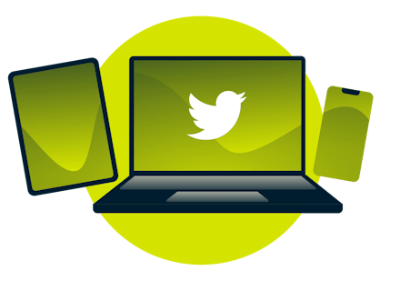 A laptop, tablet, and phone, with the Twitter logo.