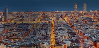 Aerial view of Barcelona at night.