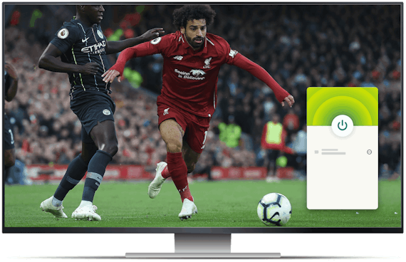 Monitor desktopowy z transmisją piłki nożnej beIN Sports i aplikacją VPN.