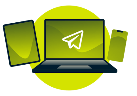 Telegram logo op een laptop, telefoon en tablet.