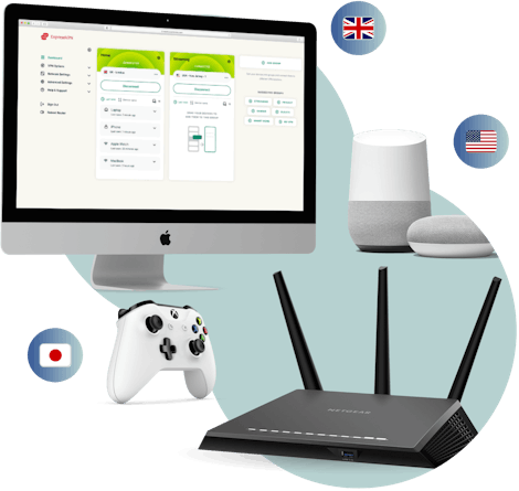 Devices, country flags, and a router.