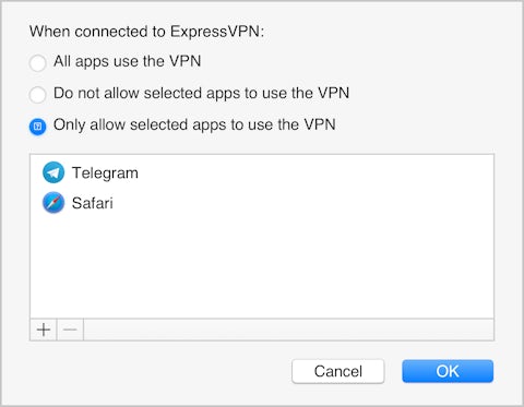 De ExpressVPN app voor Mac interface, toont alleen geselecteerde apps die worden beschermd door VPN.