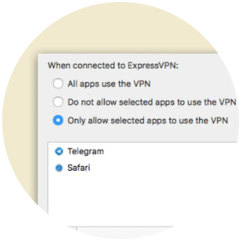 The ExpressVPN app for Mac interface, showing only selected apps being protected by VPN.