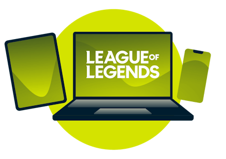 Uma variedade de dispositivos com o logotipo de League of Legends.