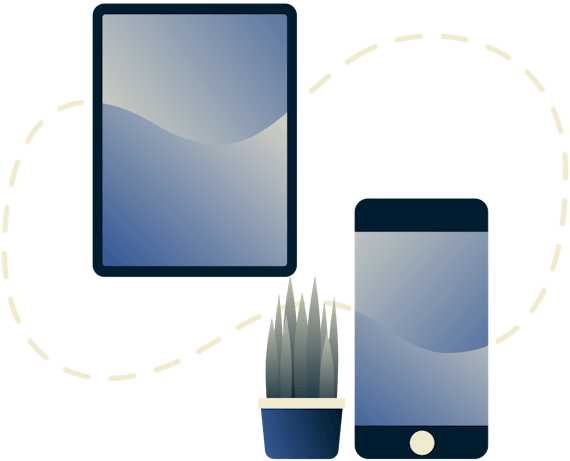 Ein Tablet und ein mobiles Gerät sind mit einer gestrichelten Linie verbunden.