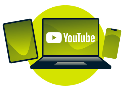 YouTube logolu bir dizüstü bilgisayar, tablet ve telefon.