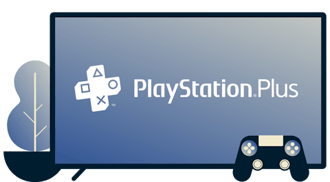Screen with PlayStation Plus logo, controller, and a plant.