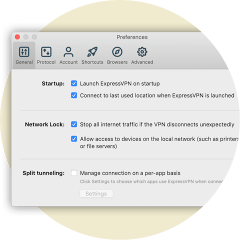 Mac용 Network Lock 설정을 보여주는 환경설정 메뉴