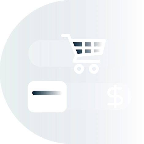Shopping cart, credit card, and currency symbol.