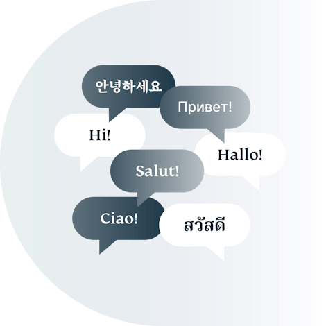 Speech bubbles containing various foreign greetings.