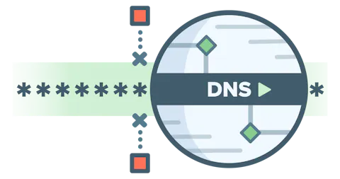 Cirkulært DNS-logo, der viser censorer, der ikke kan blokere en krypteret DNS-anmodning