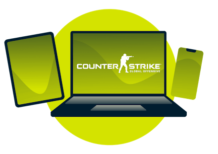 Variety of devices with the Counter-Strike: Global Offensive logo.