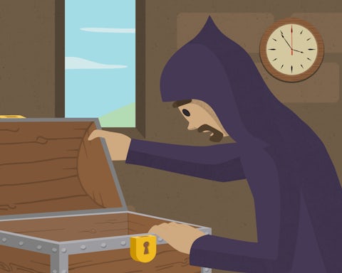 The thief enters the treasure room of a castle only to discover there is barely any treasure inside.
