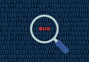 Suurennuslasi, bug-sana sekä binäärikoodia