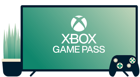 Bildschirm mit Xbox Game Pass-Logo, Controller und Pflanze.