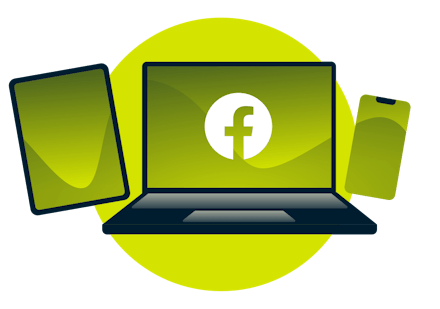 Kannettava tietokone, tabletti ja puhelin, joissa on Facebookin logo.