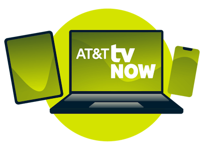Kannettava tietokone, tabletti ja puhelin, joissa on AT&T TV Now -logo.
