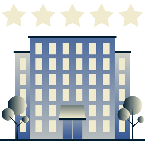 Large hotel with 5 stars hovering above.