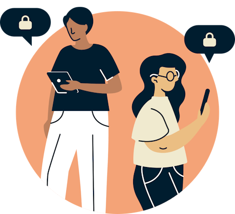 Illustration of people using their mobile devices + speech bubbles with locks