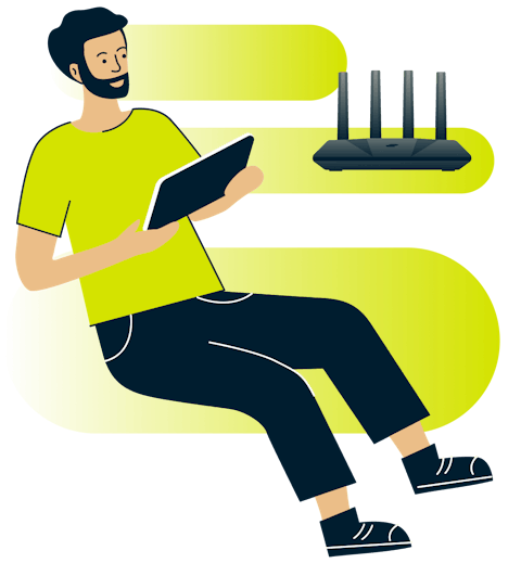 Illustration of man using a tablet, with Aircove in the background