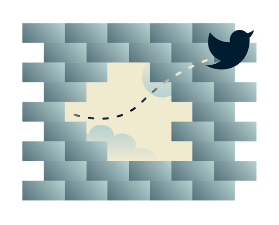Twitter birds tweeting over a firewall: Use a VPN to unblock Twitter anywhere.
