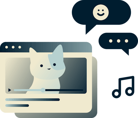 Video UI with cat and speech bubbles